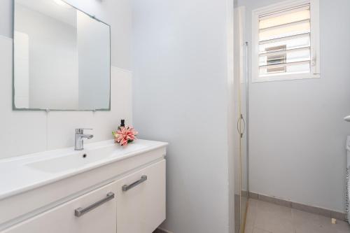 a white bathroom with a sink and a mirror at Foyal Toloman - Flanboyan lodge in Les Trois-Îlets