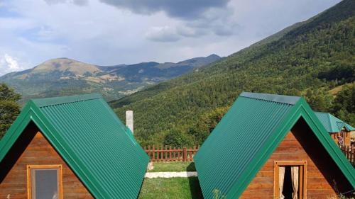 a house with a green roof with mountains in the background at Kamp Kruščić - Laništa in Mojkovac