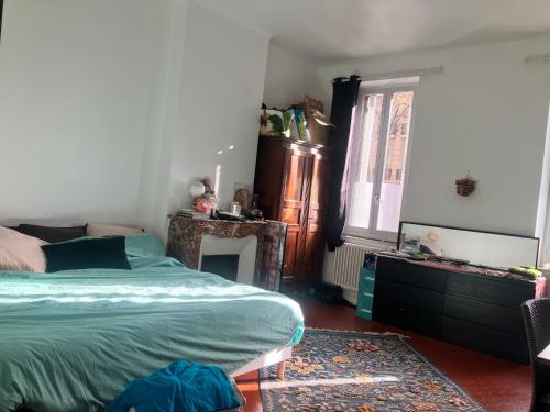- une chambre avec un lit, une cheminée et une fenêtre dans l'établissement Jardin à Marseille, à Marseille