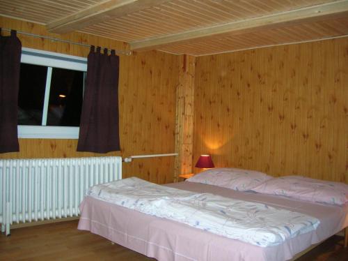 a bedroom with a bed in a wooden wall at Pension Panorama in Tanvald