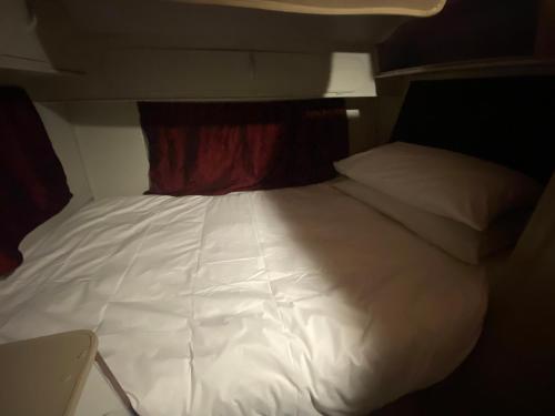 a large white bed in a small room at The Beach Shack Glamping & The Boat Shed in St Helena Bay
