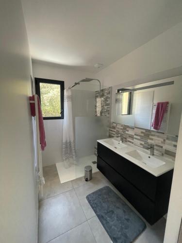 une salle de bain avec une baignoire, un lavabo et un miroir dans l'établissement Maison 9p avec piscine et climatisation, à Lacanau