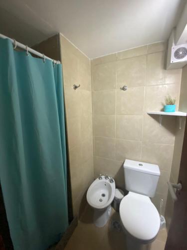 een badkamer met een toilet en een groen douchegordijn bij Complejo Noi Alaia in Valeria del Mar