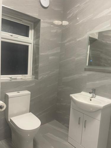 a bathroom with a white toilet and a sink at Morden Model Accommodation in Mitcham
