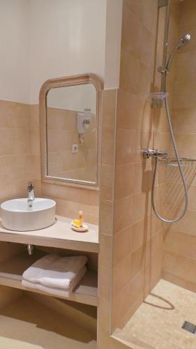 a bathroom with a sink and a shower at Hotel Relais Du Postillon in Antibes
