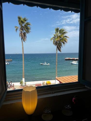 a window with a view of the ocean and palm trees at Principauté in Gorée