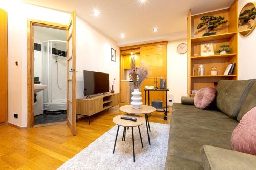 a living room with a couch and a television at The Wenceslas Loft in Prague