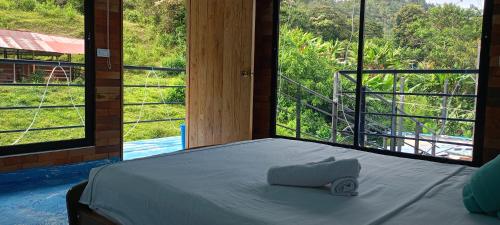 a bed in a room with a large window at Eco-HOTEL HOGAR EN LA MONTAÑA HOME SWEET HOME in La Vega