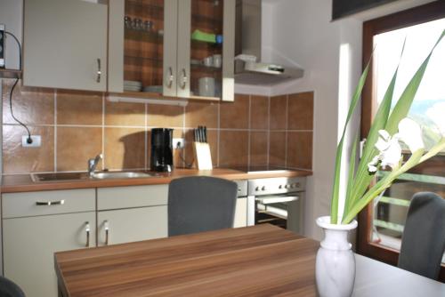 a kitchen with a table and a vase with a plant at Partschillerhof in Fiè
