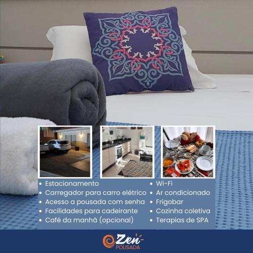 a collage of pictures of a pillow on a bed at Zen Pousada in Telêmaco Borba