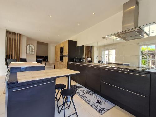 une grande cuisine avec des armoires noires et un comptoir dans l'établissement Charmant gîte près de Toul avec parking privé et terrasse - FR-1-584-361, à Blénod-lès-Toul