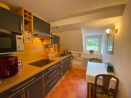 une cuisine avec un comptoir et une table à l'intérieur dans l'établissement Appartement lumineux 2 chambres au cœur du Vercors - FR-1-737-93, à Villard-de-Lans