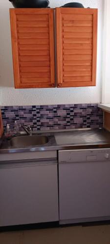 une cuisine avec un évier et un plan de travail dans l'établissement Charmant appartement à Gouaux-de-Larboust avec vue montagne, à Gouaux-de-Larboust