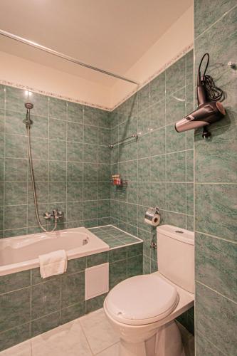 a bathroom with a toilet and a bath tub at Radost Residence The Heart of Unique Living in Prague