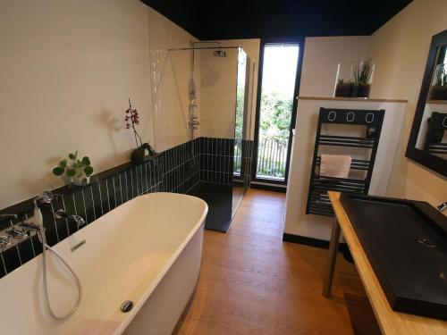 a bathroom with a tub and a shower and a sink at Chambre d'hôtes style 30s avec petit déj inclus, lit 180 cm, Wifi - FR-1-590-520 in La Ferté-Saint-Aubin