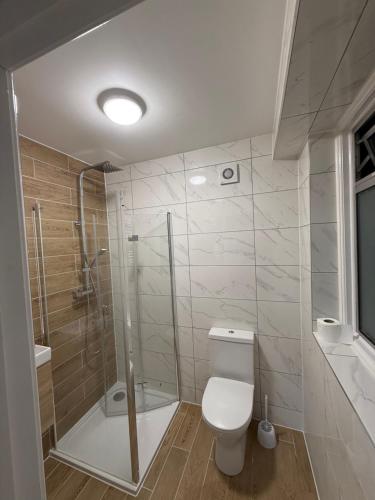 a bathroom with a toilet and a shower at Riverside in London