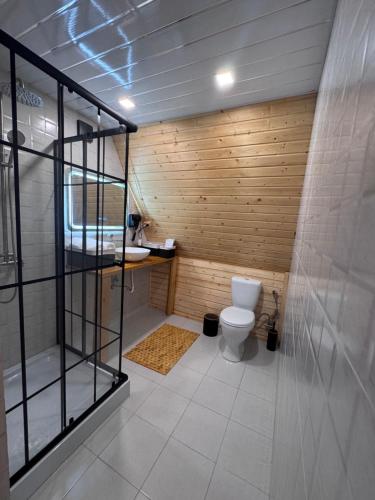 a bathroom with a toilet and a wooden wall at Yerankyun Boutique Cabin in Lermontovo