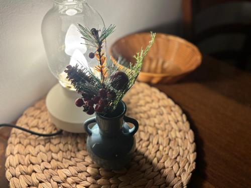 a vase with a plant in it on a table at Penzion Verde Rosa in Harrachov