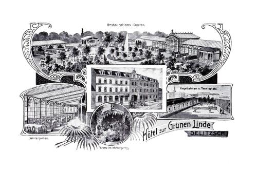 a black and white drawing of a building at Hotel-Pension Grüne Linde in Delitzsch
