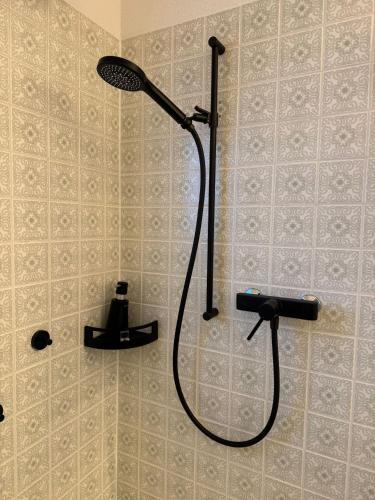 a shower with a shower head in a bathroom at Berg-Bijou Scuol in Scuol