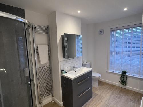 a bathroom with a sink and a shower and a toilet at Secret Square View Apartment Pass The Keys in Brighton & Hove