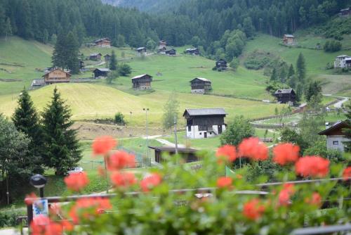 a village on a hill with houses and red flowers at Casa Elena in Rabbi