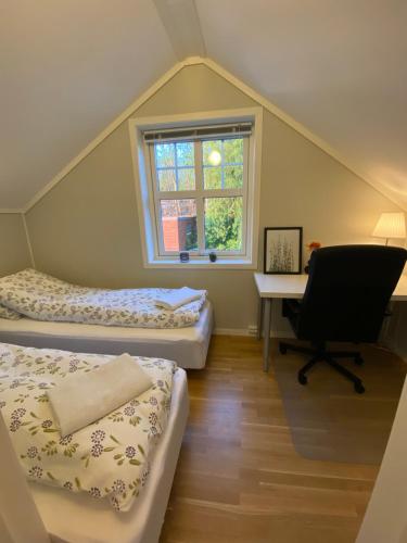 Habitación con 2 camas, escritorio y ventana. en Sentralt og nyoppusset, en Skien
