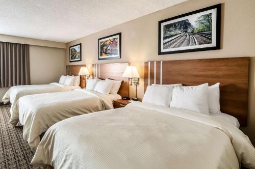 a hotel room with two beds and two lamps at Clarion Inn Harpers Ferry-Charles Town in Harpers Ferry