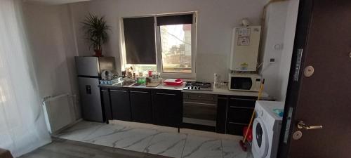 a small kitchen with a sink and a microwave at Twins Residence 2 APART HOTEL AP 2 2 rooms in Chiajna