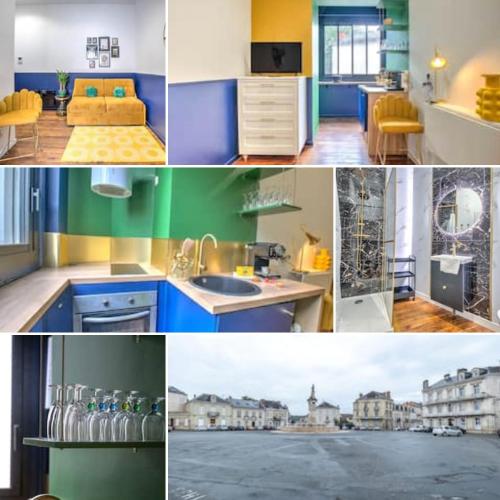 un collage de photos d'une cuisine et d'un salon dans l'établissement Chez Joséphine au Petit Palais, à Périgueux