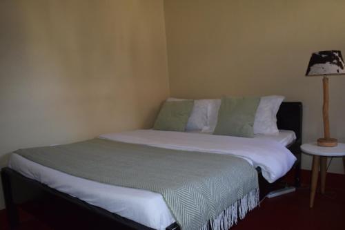 a bed in a bedroom with a lamp on a table at Stasumo House Arusha in Arusha