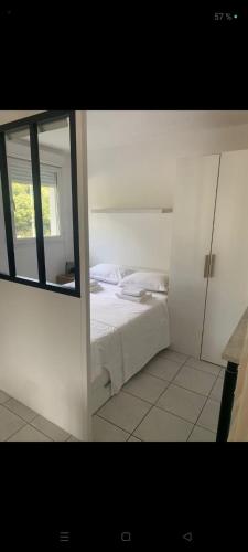 une chambre blanche avec un lit et une fenêtre dans l'établissement Studio avec coin nuit et garage, à Saint-Laurent-du-Var