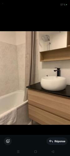une salle de bain avec un lavabo et une baignoire dans l'établissement Studio avec coin nuit et garage, à Saint-Laurent-du-Var
