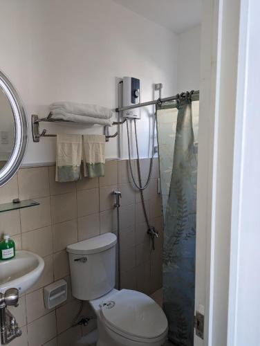 a small bathroom with a toilet and a shower at Balay Hermosa in Dauis