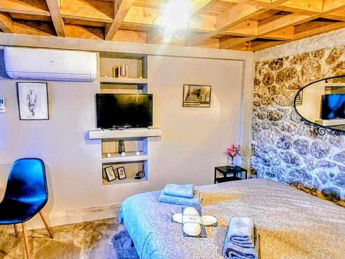a bedroom with a bed and a tv on the wall at Villa Pialia in Piáleia