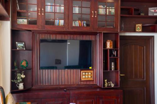 a entertainment center with a television in a room at ELIVAAS 3BHK Plus Attic Cliffside Villa with Scenic Views in Kasauli