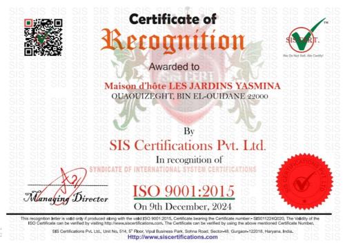 a ticket for acertificate of reception with a certificate of recognition at Les Jardins Yasmina Bin el-Ouidane in Bine el Ouidane