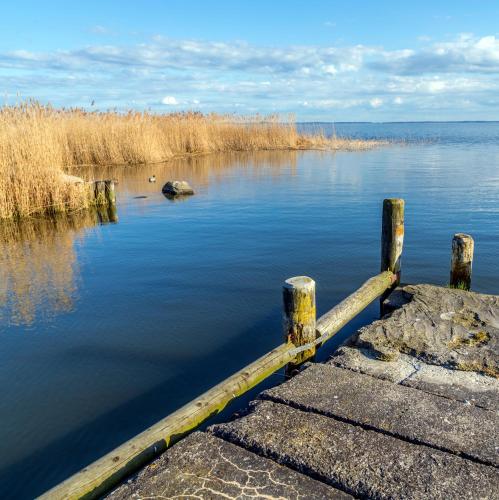 a dock on a body of water at Vier Winde Usedom - Ferienanlage in Krummin