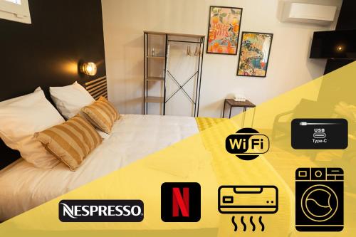 a bedroom with a bed with a yellow and white comforter at Studio Preto - Confort moderne - Terrasse - Parking gratuit - Non fumeur in Fumel