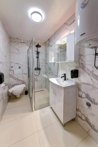 a bathroom with a shower and a sink and a toilet at V APARTMENT 2 Futog in Futog