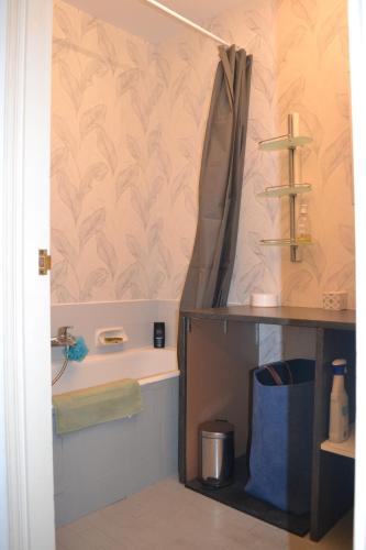 une salle de bain avec un lavabo et un rideau de douche dans l'établissement Cannes La Baronne, à Cannes