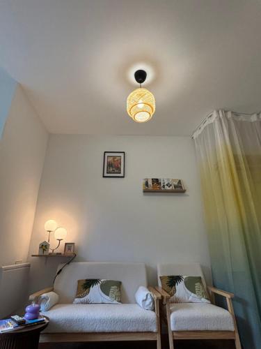 une chambre avec deux chaises et un plafond dans l'établissement Studio Nid sur la Cascade, à Eaux-Bonnes