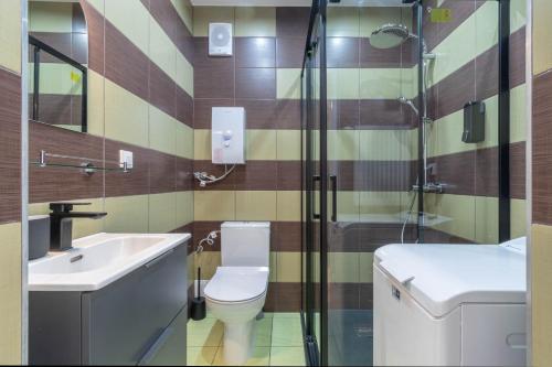 a bathroom with a toilet and a sink and a shower at Apartament Mąki Gram in Złocieniec