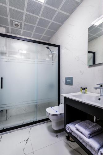 a bathroom with a shower and a toilet and a sink at sh hotel business in Karşıyaka