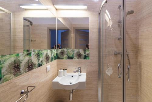a bathroom with a sink and a shower at Due Passi Apartamenty w Sopocie in Sopot