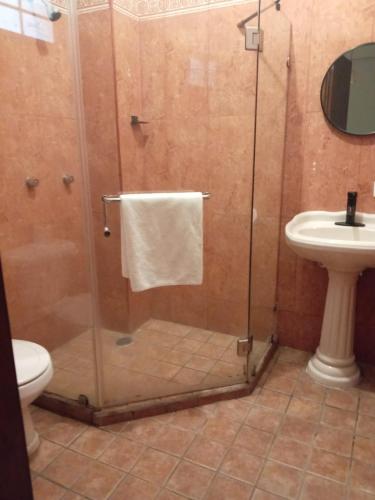 a bathroom with a shower with a sink and a toilet at Hotel Colonos Los Cabos in Cabo San Lucas
