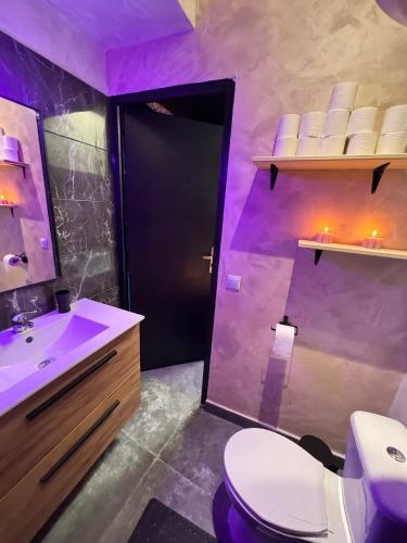 une salle de bains pourpre avec toilettes et lavabo. dans l'établissement love room spa jacuzzi, à Lyon