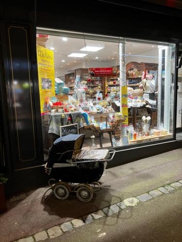 a shopping cart sitting in front of a store window at Trouville Palace Le Bonheur in Trouville-sur-Mer