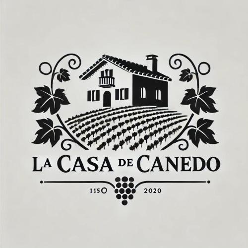 a label for a wine cellar with a house and grapes at La casa de Canedo in Arganza