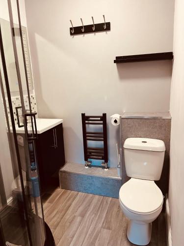 a bathroom with a toilet and a sink at Spacious 5 Bedroom Home in Central Kidderminster with Private Parking and Electric Vehicle Facilities, Easy Access to Birmingham and Nearby Towns in Kidderminster